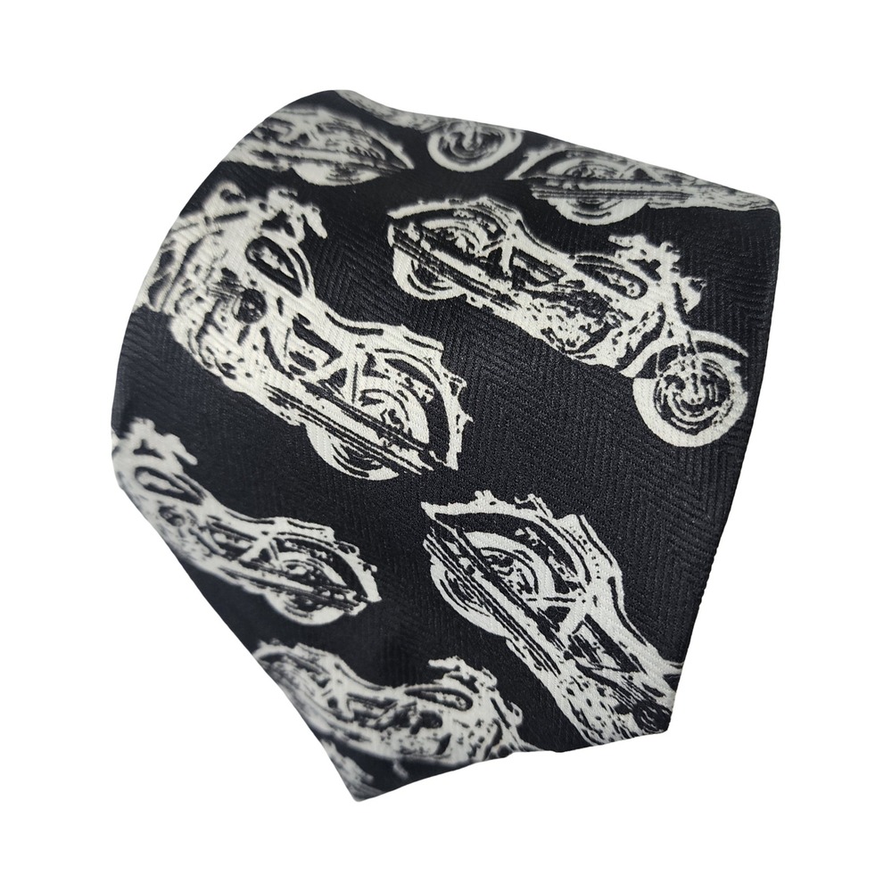 Beverly Hills Polo Club Mens Black White Motorcycle Herringbone Print Necktie